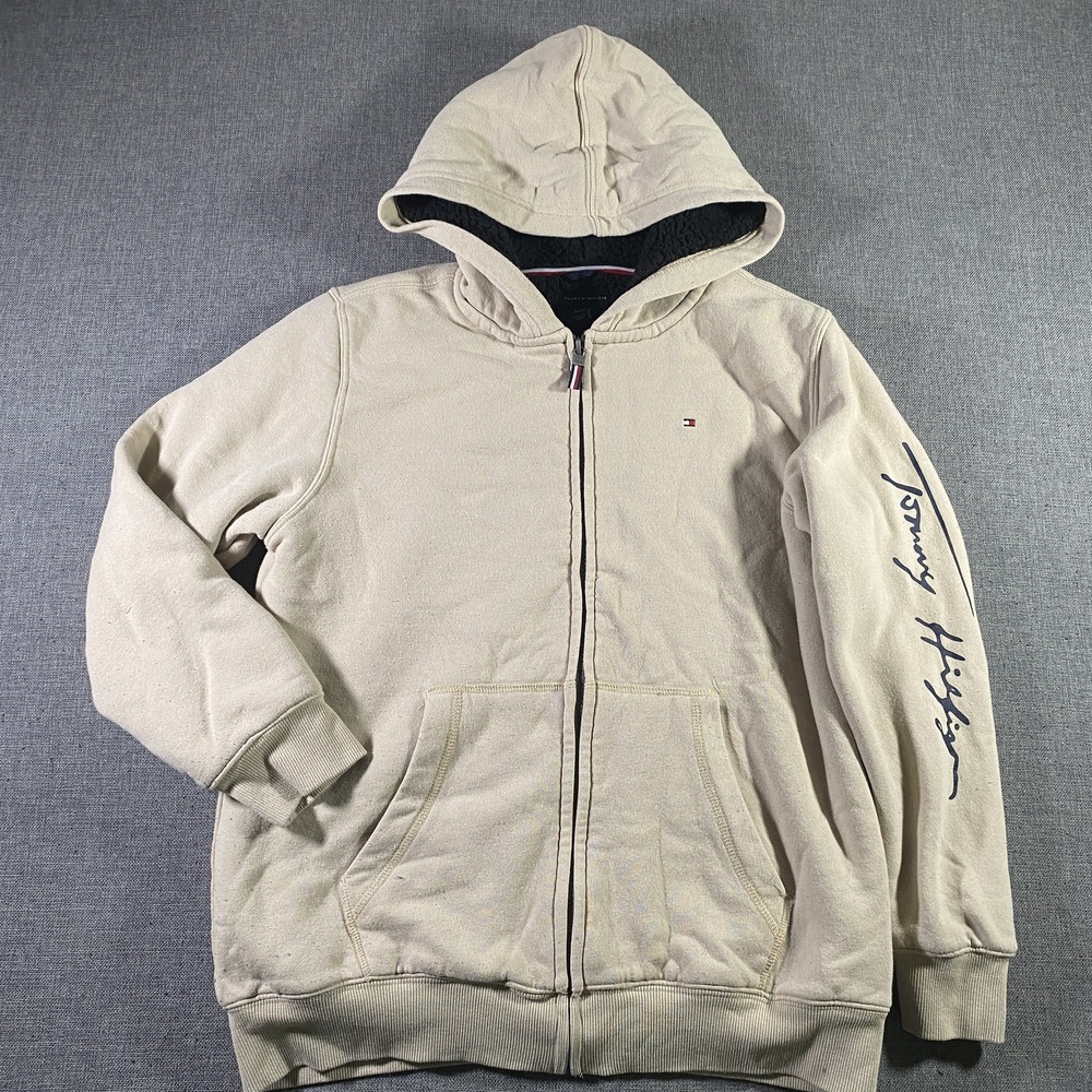 Tommy Hilfiger Hoodie Mens Large Beige Sherpa Lined Full Zip Script Logo Jacket